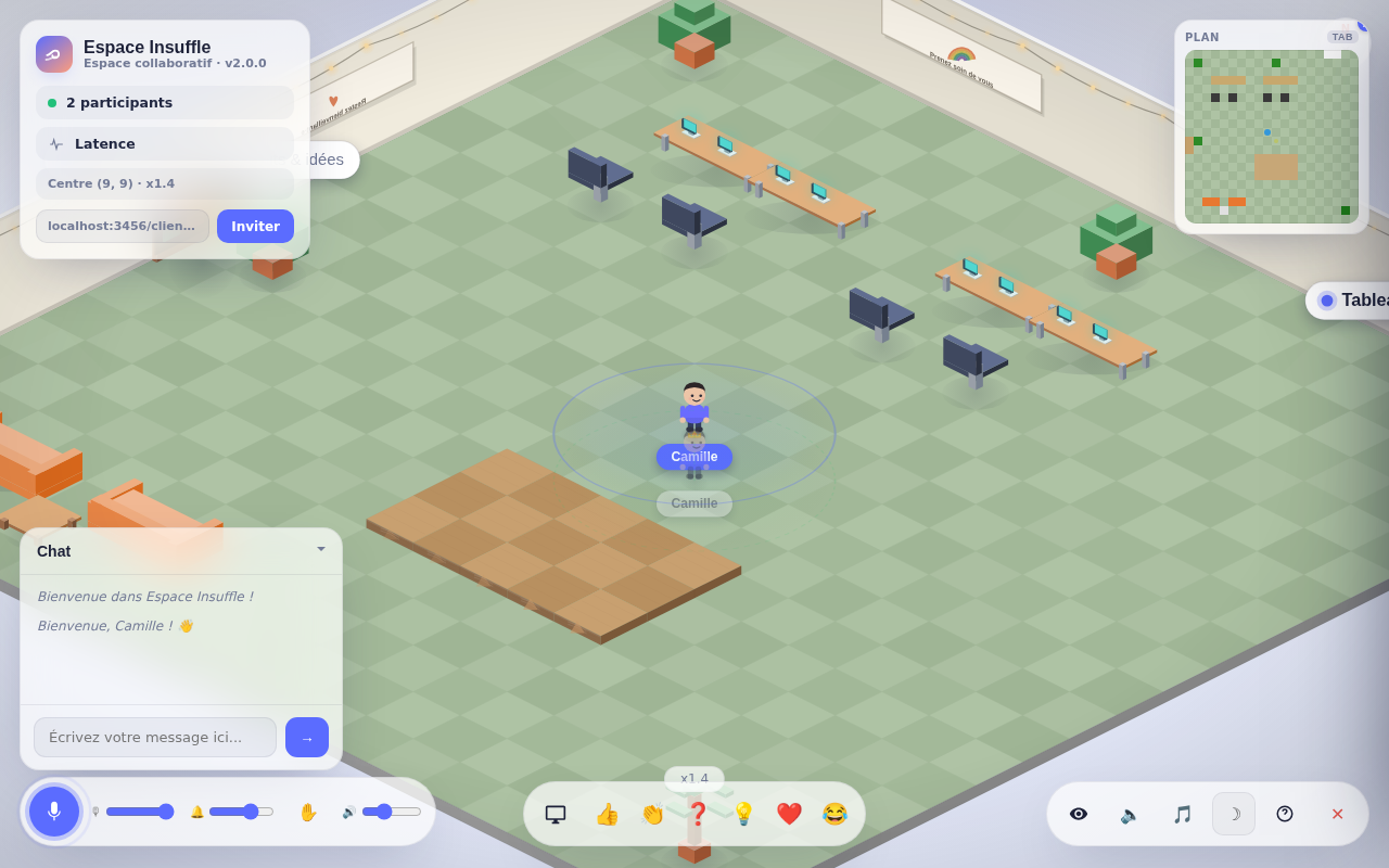 Aperçu d'une salle : avatars, bureaux, tableau blanc et chat